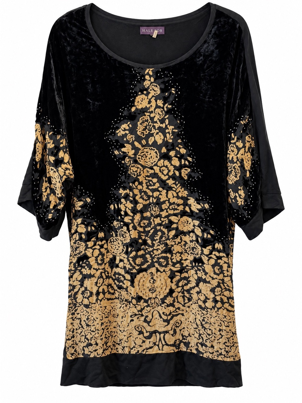 Hale Bob Black Velvet Gold Floral Boho Tunic Shift Dress Small